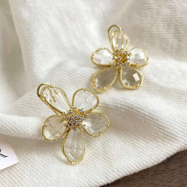 Fashion Crystal Flower Stud Earrings Brooch Ring Jewelry for Women Fashion Girls Vintage Jewelry Party Gift - KIMLUD