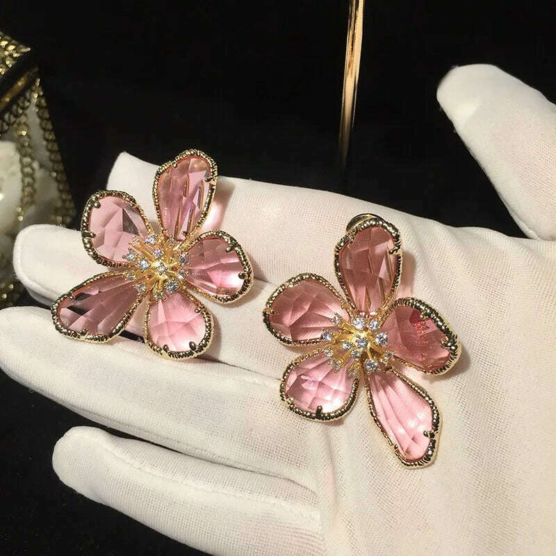 Fashion Crystal Flower Stud Earrings Brooch Ring Jewelry for Women Fashion Girls Vintage Jewelry Party Gift - KIMLUD