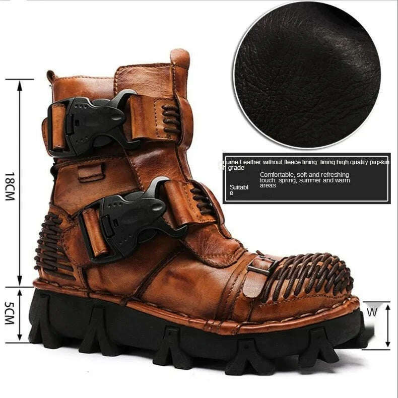 Fashion Men Genuine Leather Motorcycle Boots Winter Riding Boots Military Combat Boots Gothic Skull Punk Buckle Mid-calf Boots - KIMLUD