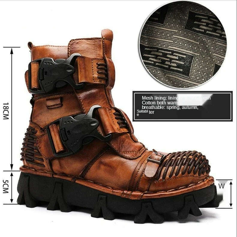 Fashion Men Genuine Leather Motorcycle Boots Winter Riding Boots Military Combat Boots Gothic Skull Punk Buckle Mid-calf Boots - KIMLUD