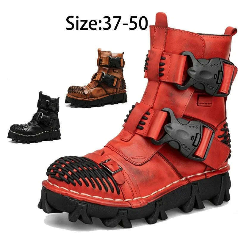 Fashion Men Genuine Leather Motorcycle Boots Winter Riding Boots Military Combat Boots Gothic Skull Punk Buckle Mid-calf Boots - KIMLUD