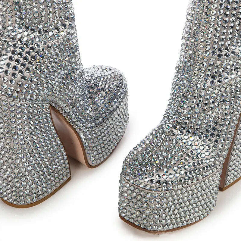 Fashion New Square Head Platform Super High Heel Short Boots Silver All Water Diamond Decoration Large Chelsea Short Boots - KIMLUD