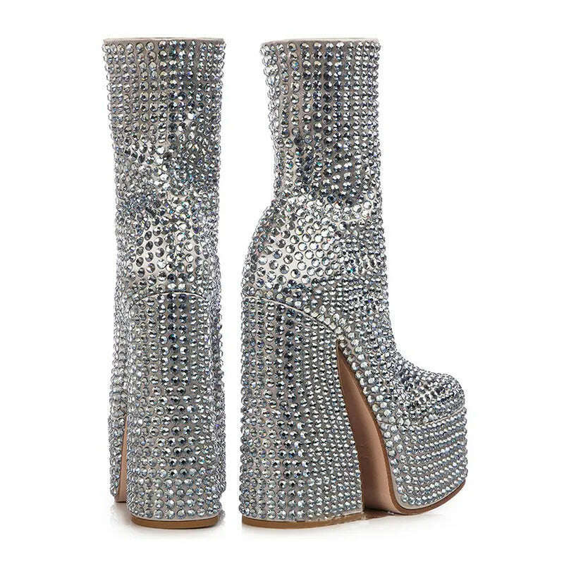 Fashion New Square Head Platform Super High Heel Short Boots Silver All Water Diamond Decoration Large Chelsea Short Boots - KIMLUD