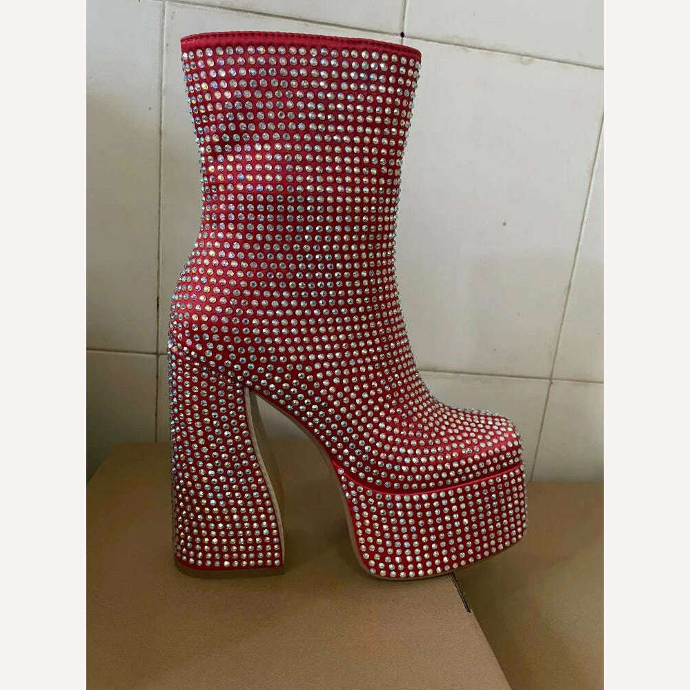Fashion New Square Head Platform Super High Heel Short Boots Silver All Water Diamond Decoration Large Chelsea Short Boots - KIMLUD