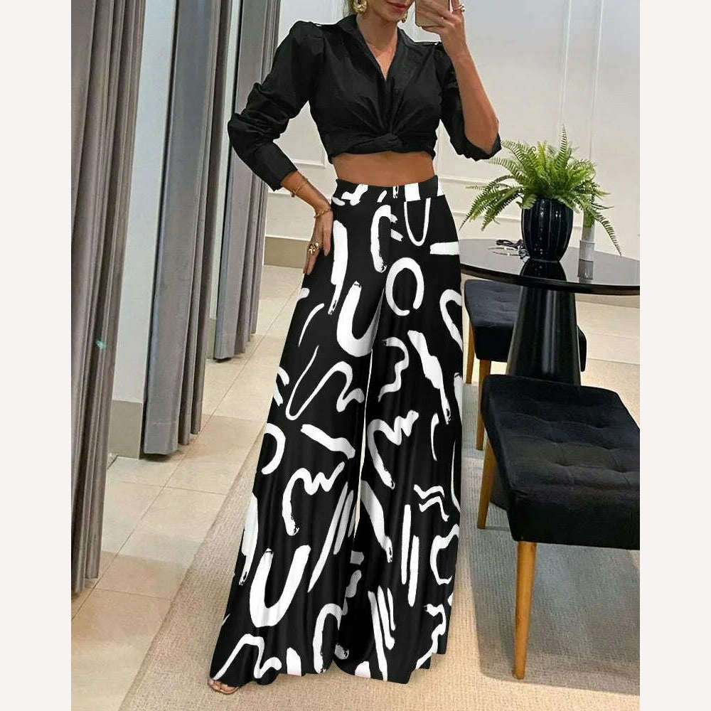Fashion Sets 2022 Autumn European and American Style Street Trendy Women's Embossed Polyester Shirt High Waist Casual Pants Set - KIMLUD