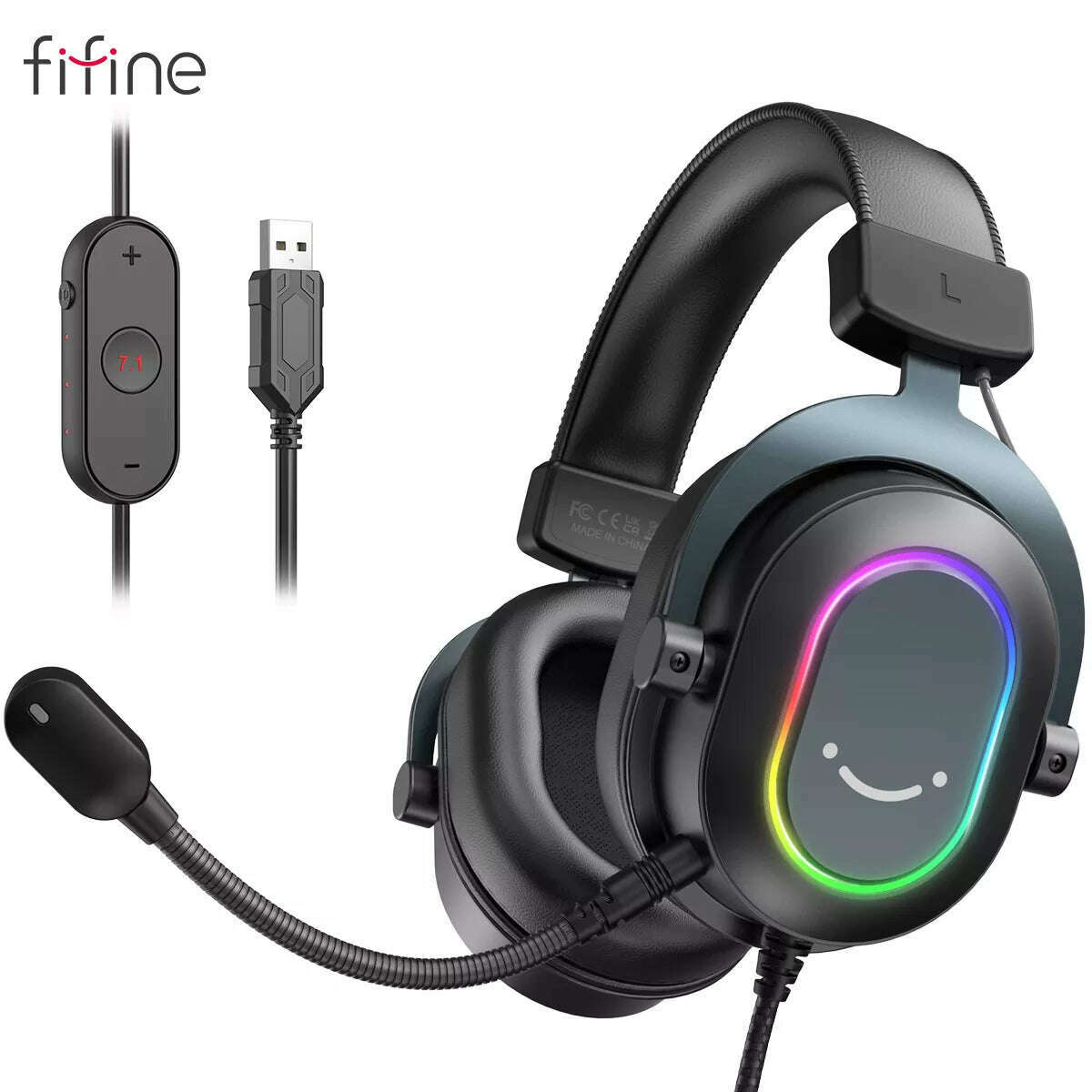 Fifine Dynamic RGB Gaming Headset with Mic Over-Ear Headphones 7.1 Surround Sound PC PS4 PS5 3 EQ Options Game Movie Music - KIMLUD