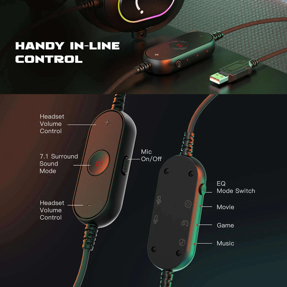 Fifine Dynamic RGB Gaming Headset with Mic Over-Ear Headphones 7.1 Surround Sound PC PS4 PS5 3 EQ Options Game Movie Music - KIMLUD