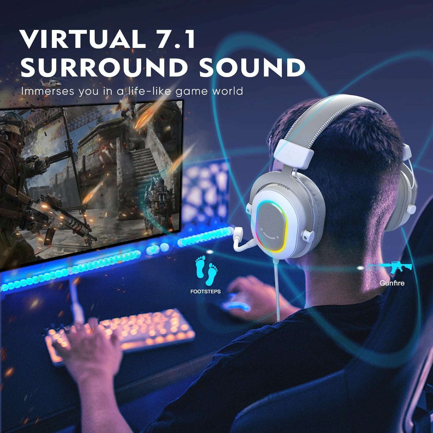 FIFINE RGB Gaming Headset with 7.1 Surround Sound/3-EQ/MIC,Over-ear Headphone with In-line Control for PC PS4 PS5 Ampligame-H6W - KIMLUD