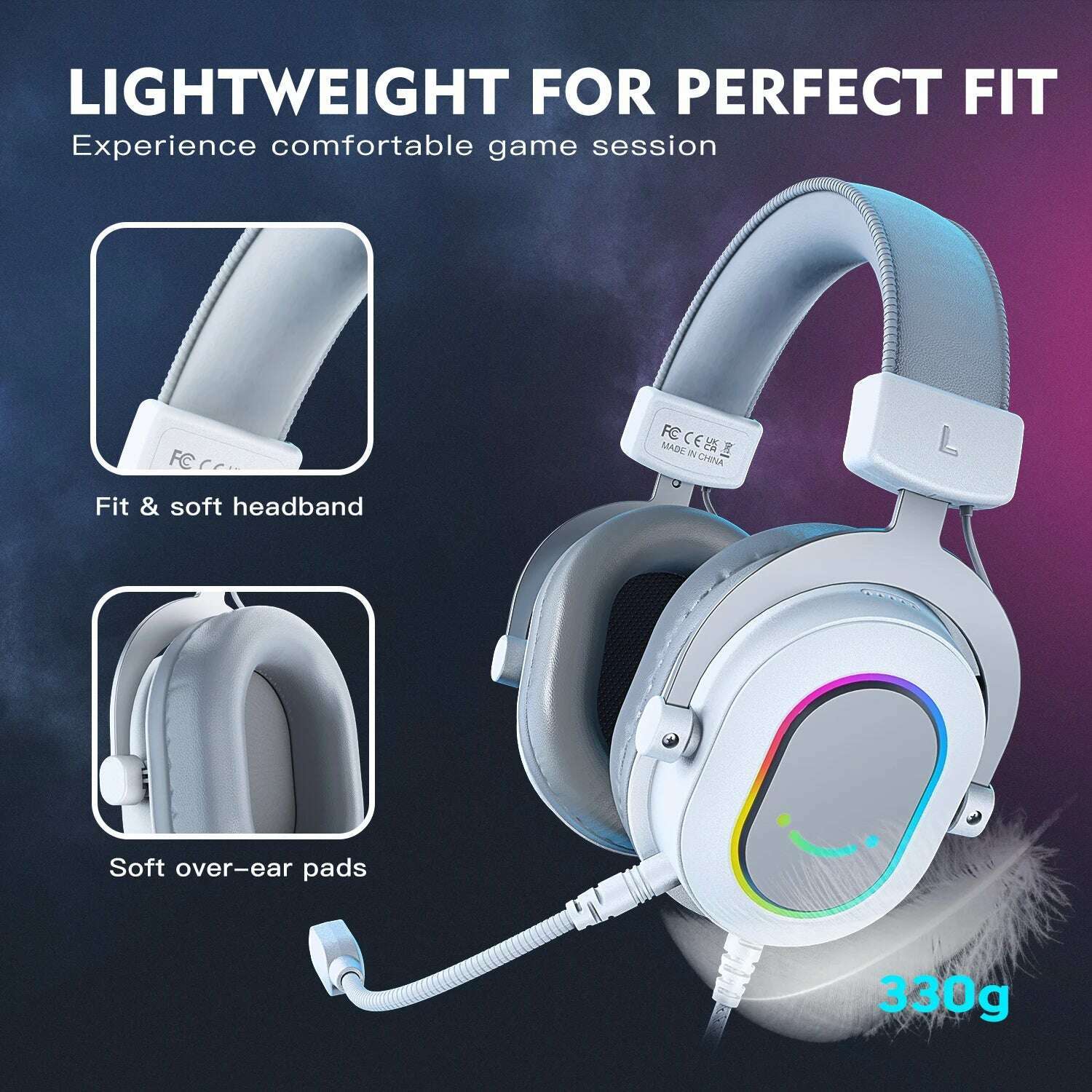 FIFINE RGB Gaming Headset with 7.1 Surround Sound/3-EQ/MIC,Over-ear Headphone with In-line Control for PC PS4 PS5 Ampligame-H6W - KIMLUD