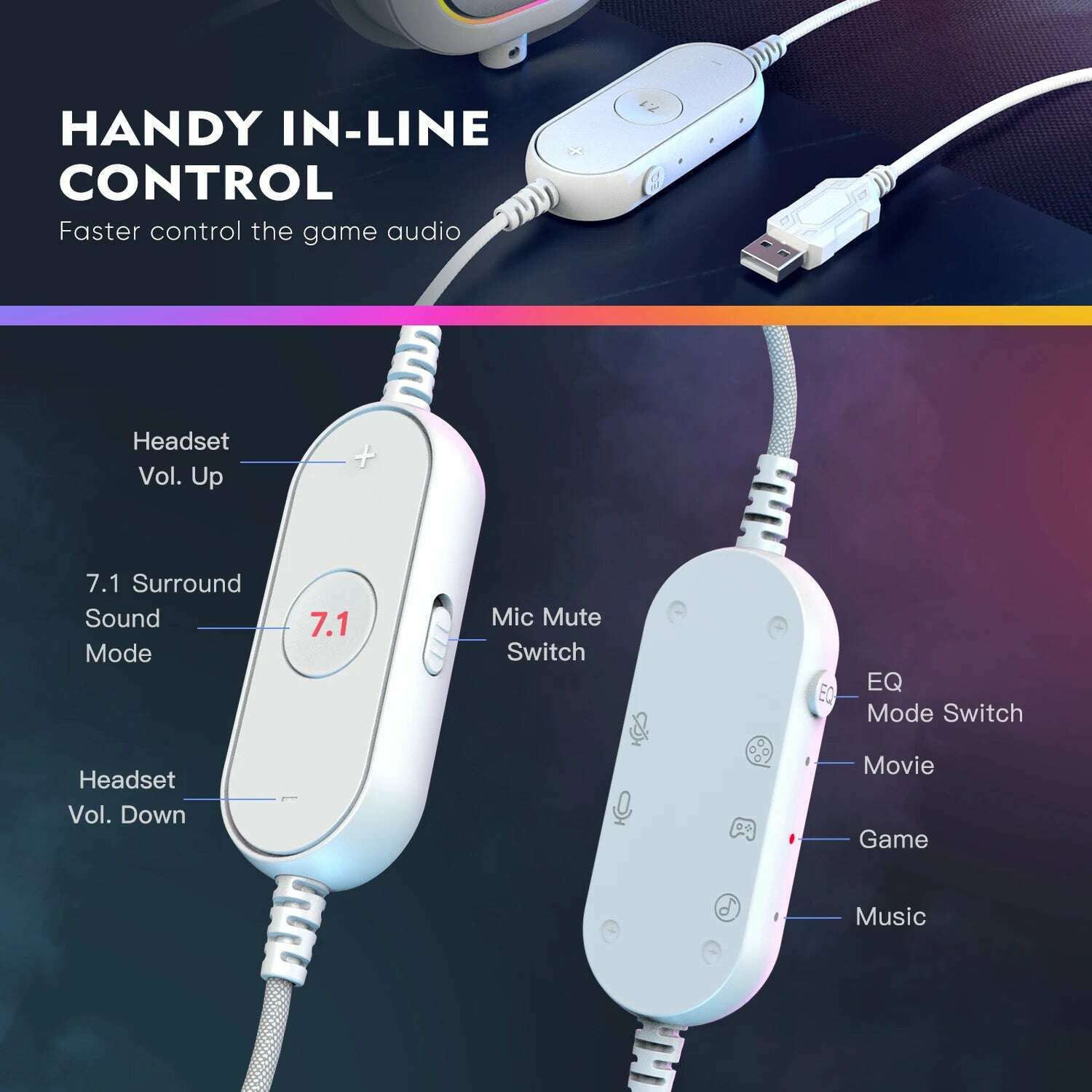 FIFINE RGB Gaming Headset with 7.1 Surround Sound/3-EQ/MIC,Over-ear Headphone with In-line Control for PC PS4 PS5 Ampligame-H6W - KIMLUD