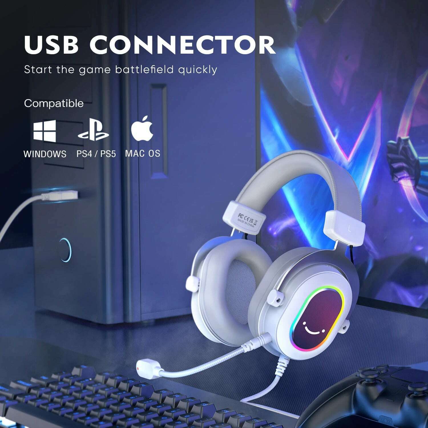 FIFINE RGB Gaming Headset with 7.1 Surround Sound/3-EQ/MIC,Over-ear Headphone with In-line Control for PC PS4 PS5 Ampligame-H6W - KIMLUD