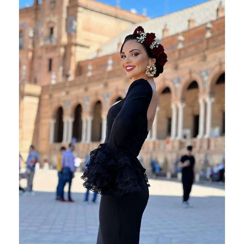Flamenco Mermaid Prom Gowns 2023 Elegant Costume Spanish Women Evening Gowns With Sleeves Ruffle Dancer Party Ceremony Dresses - KIMLUD