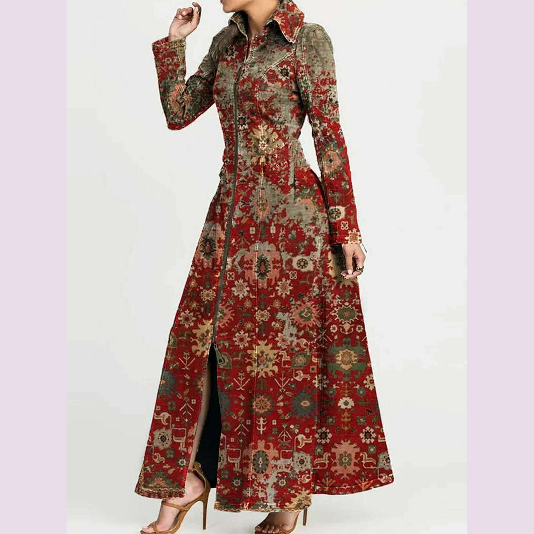 KIMLUD, Floral Printed Long Dress Turn Down Collar Vintage Casual Ethnic A-Line Dress Zipper Trench Jacket Dress for Autumn 2025, KIMLUD Womens Clothes
