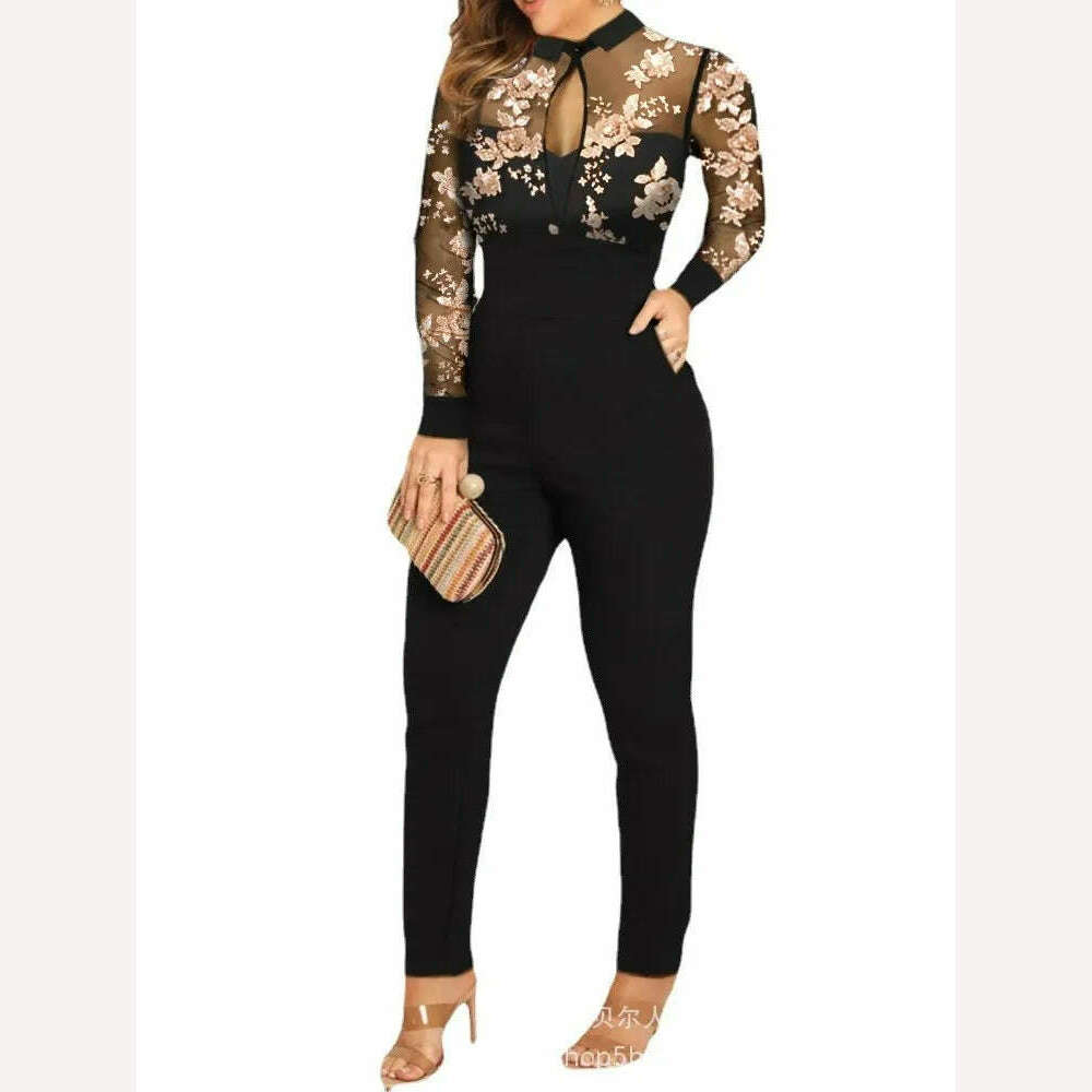For Women's Spring Autumn New Long Sleeve Lace Printed Jumpsuit Pants Fashion Slim Waist Elegant Female Lace Jumpsuit Long Pants - KIMLUD