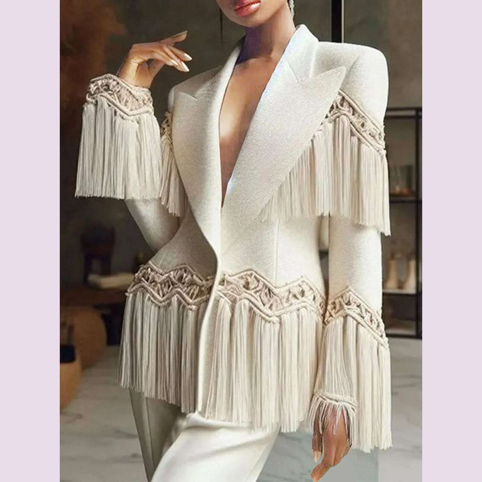 KIMLUD, Formal Solid Blazer for Women Peaked Lapel Long Sleeve Fringed Blazer Slim Outerwear Autumn Winter Office Lady Casual Coat, Beige / XL, KIMLUD APPAREL - Womens Clothes