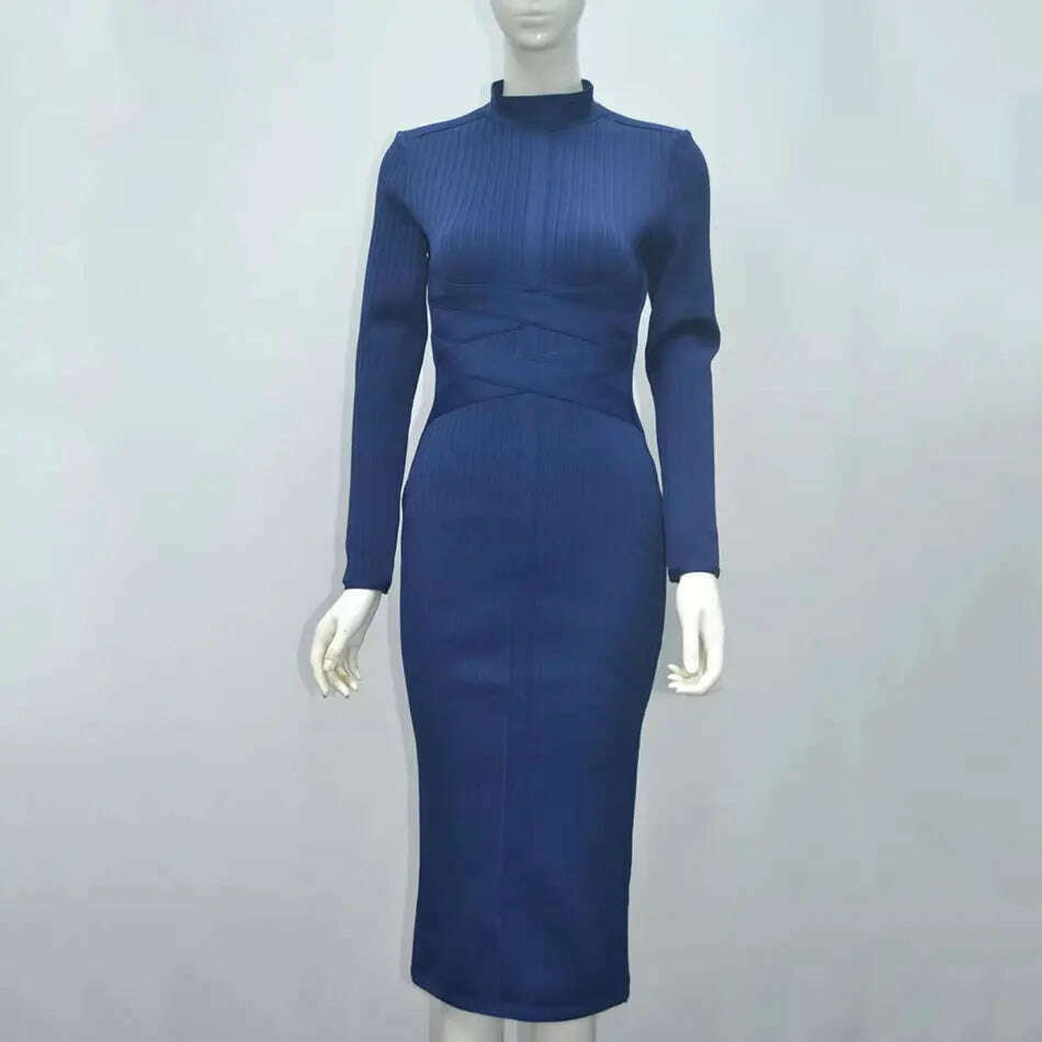 Free shippin New Arrival 2021 Women Midi Bandage Dress Red Sexy High Neck Long Sleeve Bodycon Bandage Dress Rayon Party Dresses - KIMLUD