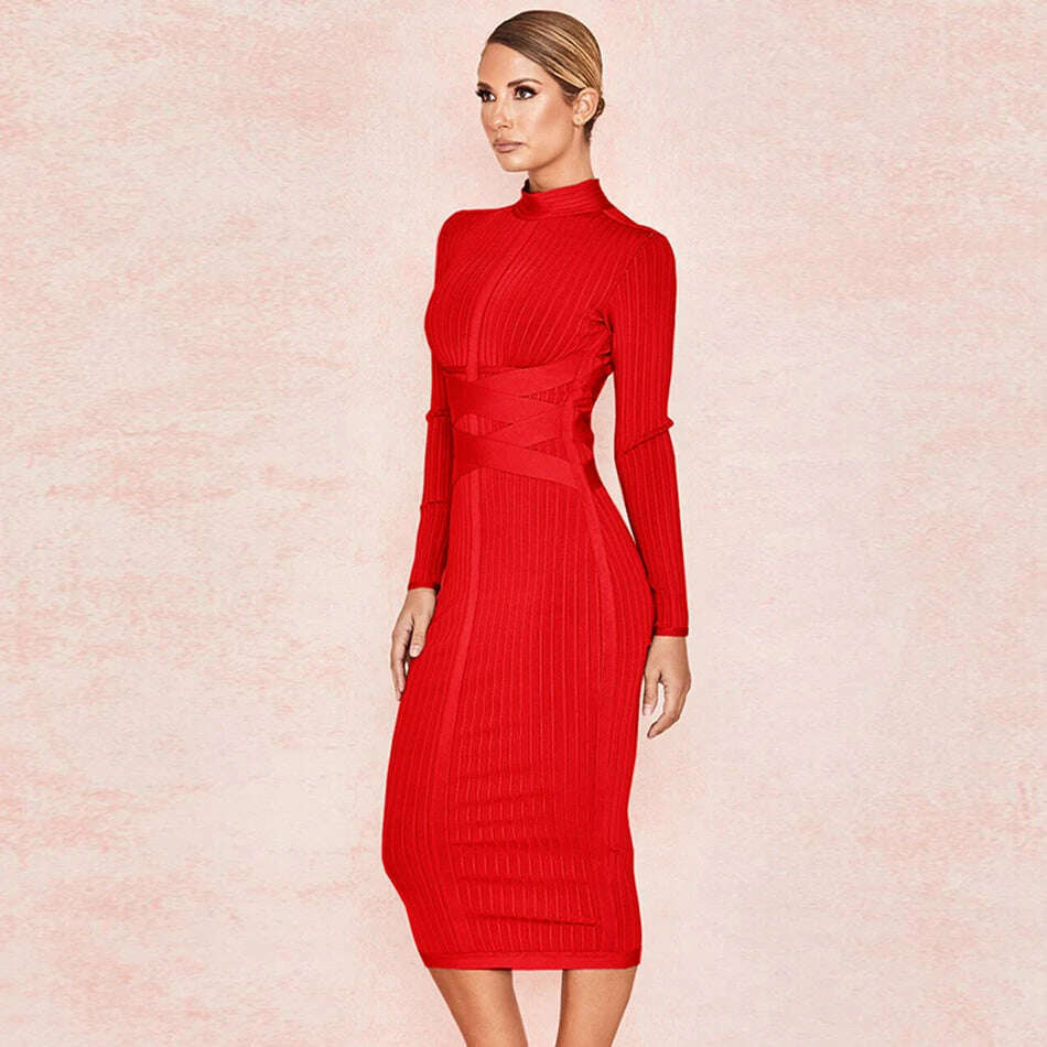 Free shippin New Arrival 2021 Women Midi Bandage Dress Red Sexy High Neck Long Sleeve Bodycon Bandage Dress Rayon Party Dresses - KIMLUD