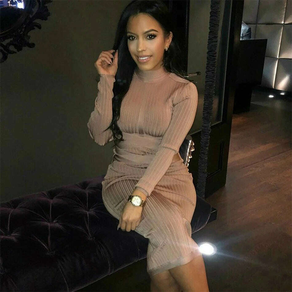 Free shippin New Arrival 2021 Women Midi Bandage Dress Red Sexy High Neck Long Sleeve Bodycon Bandage Dress Rayon Party Dresses - KIMLUD