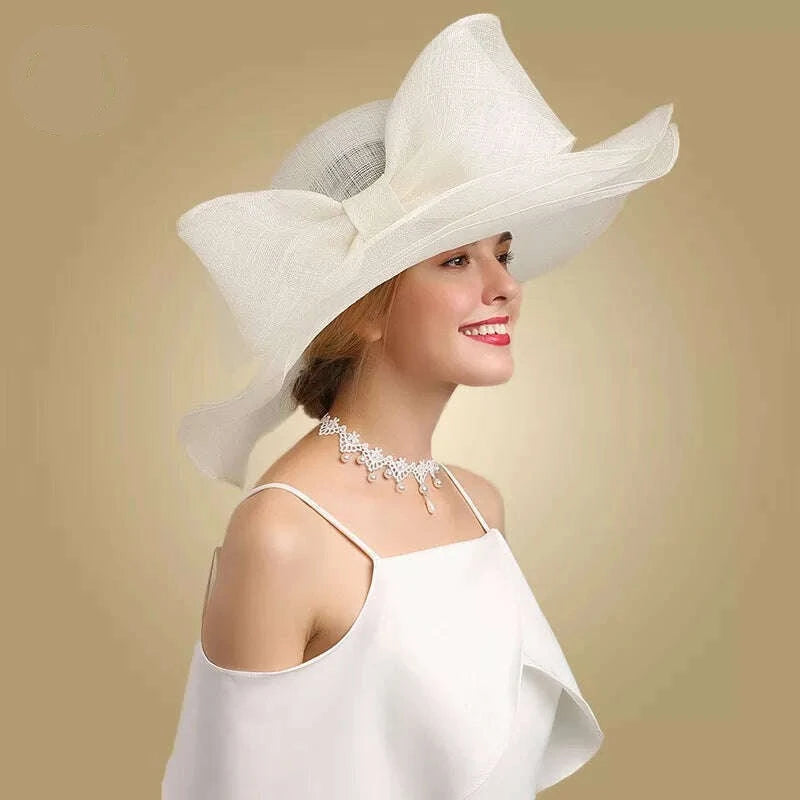 FS Elegant Black And White Fascinator Hats For Wedding Church Sinamay Hats With Big Bowknot Kentucky Derby Hat Fedora Tea Party - KIMLUD