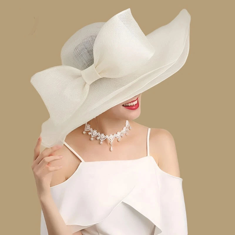 FS Elegant Black And White Fascinator Hats For Wedding Church Sinamay Hats With Big Bowknot Kentucky Derby Hat Fedora Tea Party - KIMLUD