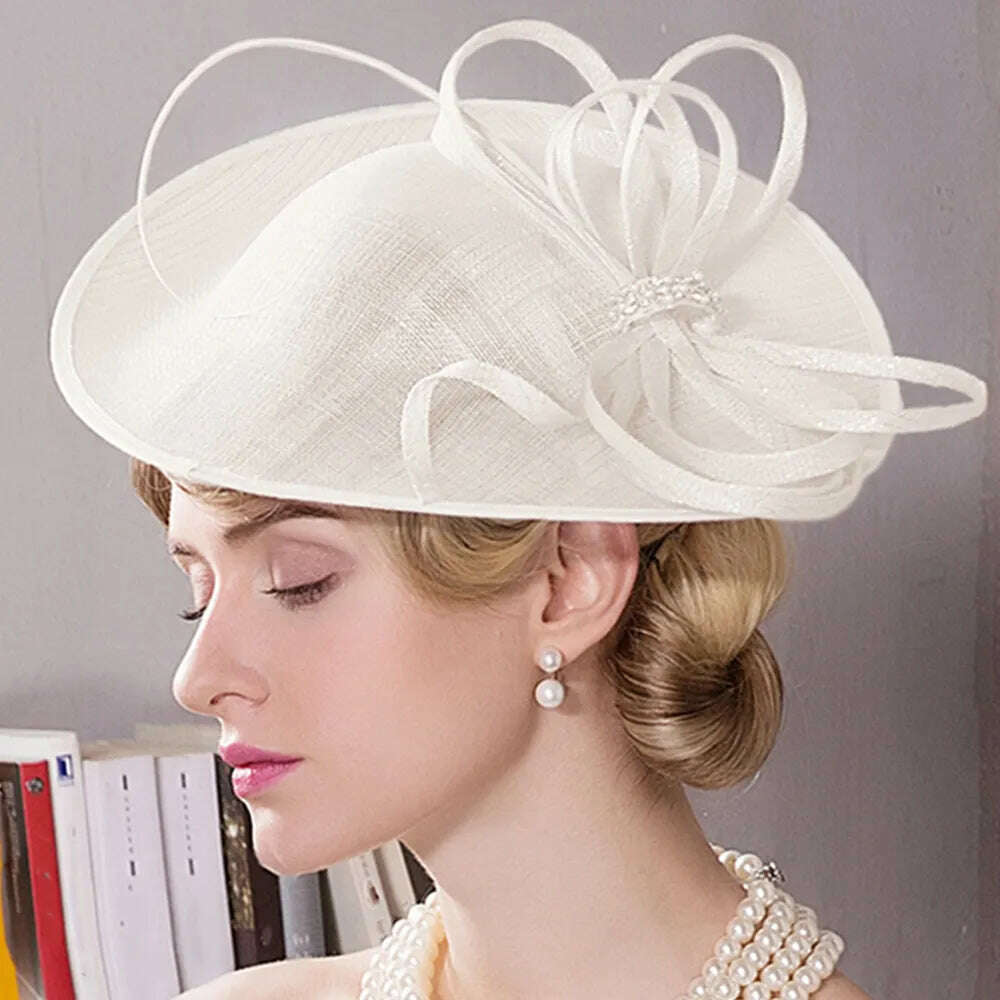 FS Fascinators For Women Elegant White Linen Pillbox Hat Royal Weddings Bridal Hats Ladies Sinamay Derby Dress Cocktail Fedoras - KIMLUD