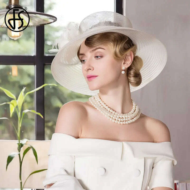 FS Fascinators White Weddings Sinamay Hat For Women Wide Brim Hats Fedora Vintage Ladies Church Dress Derby Hats - KIMLUD