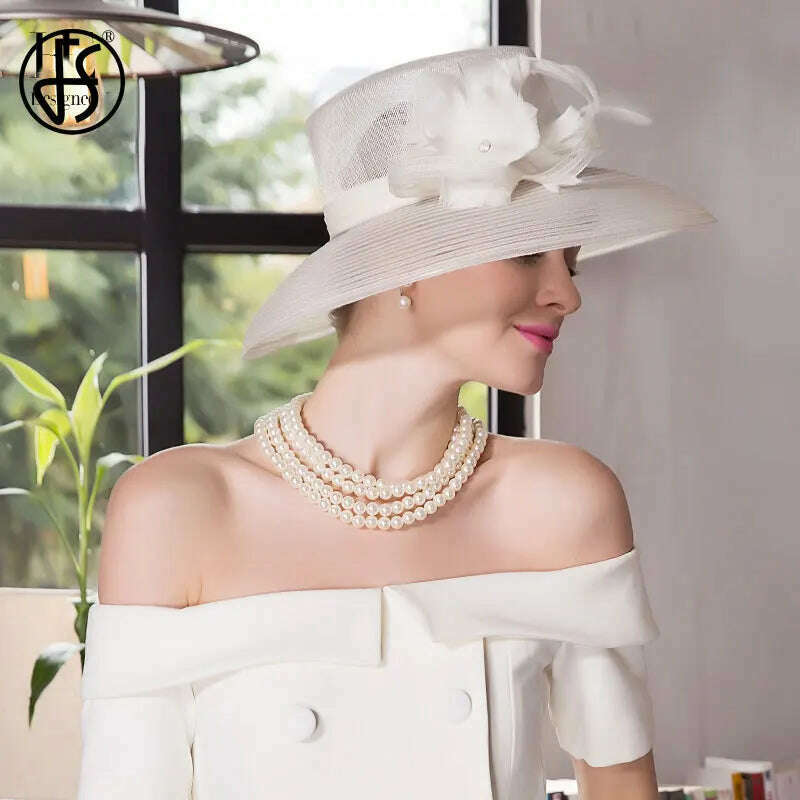 FS Fascinators White Weddings Sinamay Hat For Women Wide Brim Hats Fedora Vintage Ladies Church Dress Derby Hats - KIMLUD