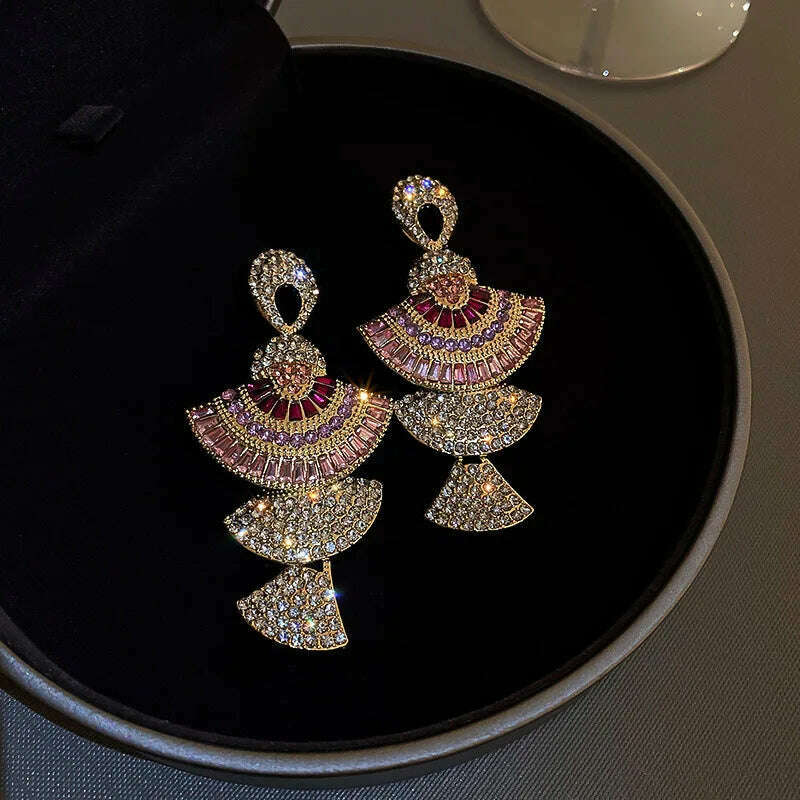 FYUAN Vintage Baroque Style Geometric Drop Earrings Women Pink Zircon Crystal Sector Dangle Earrings Banquet Jewelry Accessories - KIMLUD