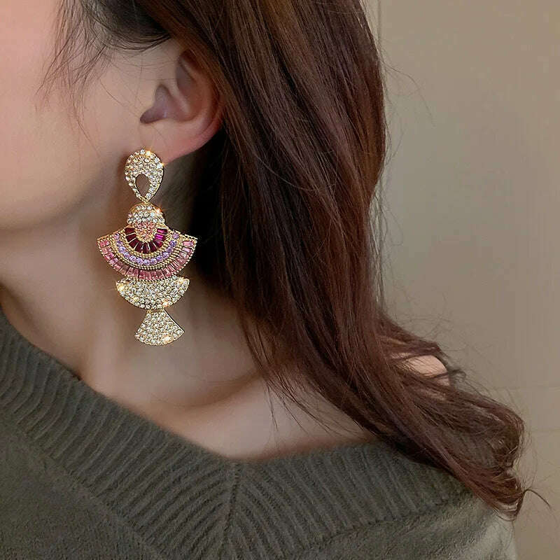 FYUAN Vintage Baroque Style Geometric Drop Earrings Women Pink Zircon Crystal Sector Dangle Earrings Banquet Jewelry Accessories - KIMLUD