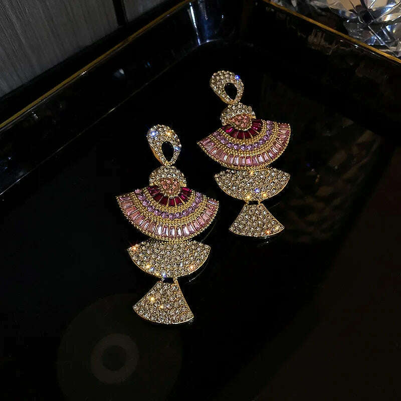 FYUAN Vintage Baroque Style Geometric Drop Earrings Women Pink Zircon Crystal Sector Dangle Earrings Banquet Jewelry Accessories - KIMLUD