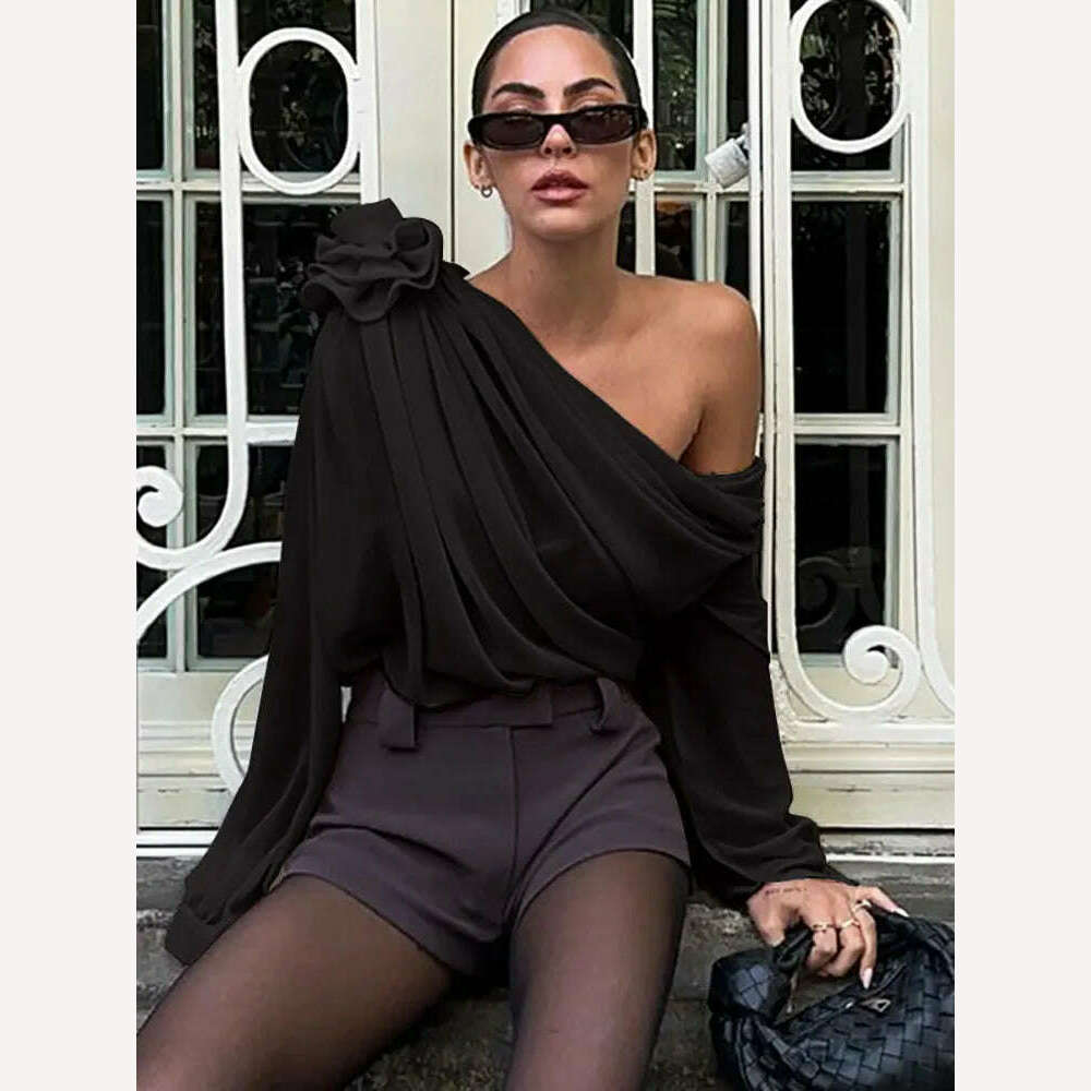 GACVGA Skew Collar Floral Mesh Chiffon Blouses Tops Tshirt Elegant T Shirt Fashion Crop Top See Through Women's Blouses & Shirts - KIMLUD