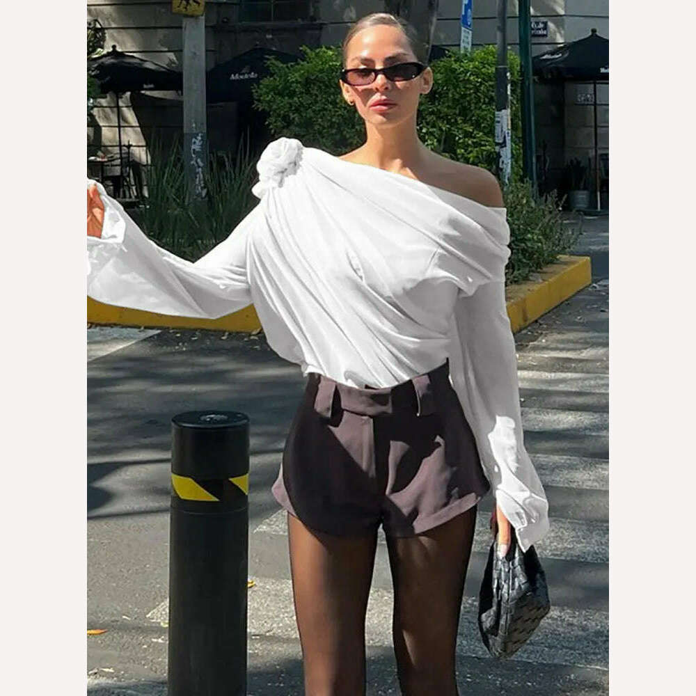 GACVGA Skew Collar Floral Mesh Chiffon Blouses Tops Tshirt Elegant T Shirt Fashion Crop Top See Through Women's Blouses & Shirts - KIMLUD