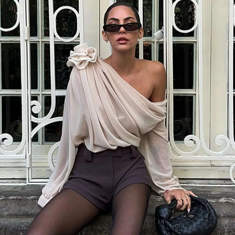 GACVGA Skew Collar Floral Mesh Chiffon Blouses Tops Tshirt Elegant T Shirt Fashion Crop Top See Through Women's Blouses & Shirts - KIMLUD