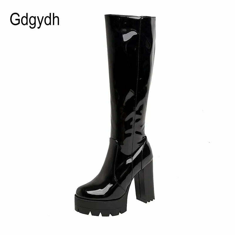 Gdgydh Patent Leather Platform Long Boots Gothic Black White Fashion Square Heel Knee High Boots Women With Zipper Good Quality - KIMLUD
