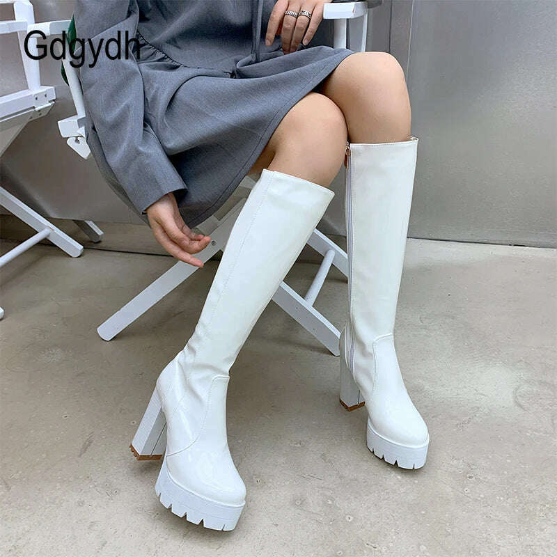 Gdgydh Patent Leather Platform Long Boots Gothic Black White Fashion Square Heel Knee High Boots Women With Zipper Good Quality - KIMLUD