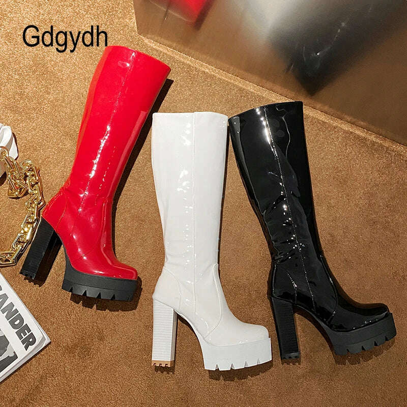 Gdgydh Patent Leather Platform Long Boots Gothic Black White Fashion Square Heel Knee High Boots Women With Zipper Good Quality - KIMLUD