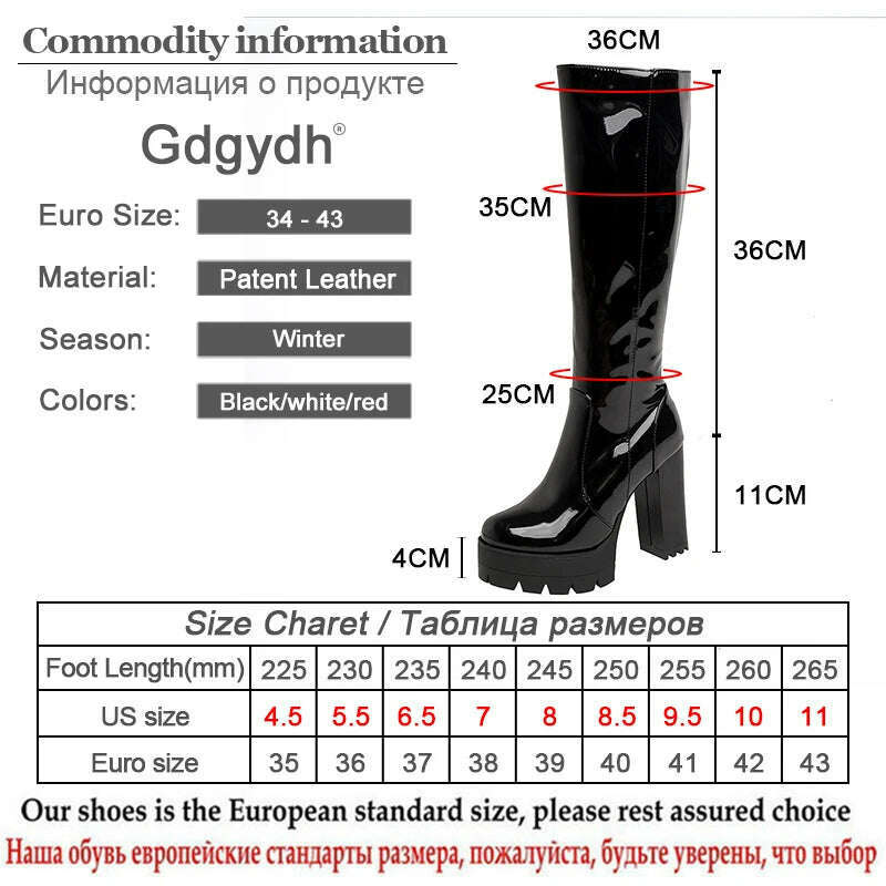 Gdgydh Patent Leather Platform Long Boots Gothic Black White Fashion Square Heel Knee High Boots Women With Zipper Good Quality - KIMLUD