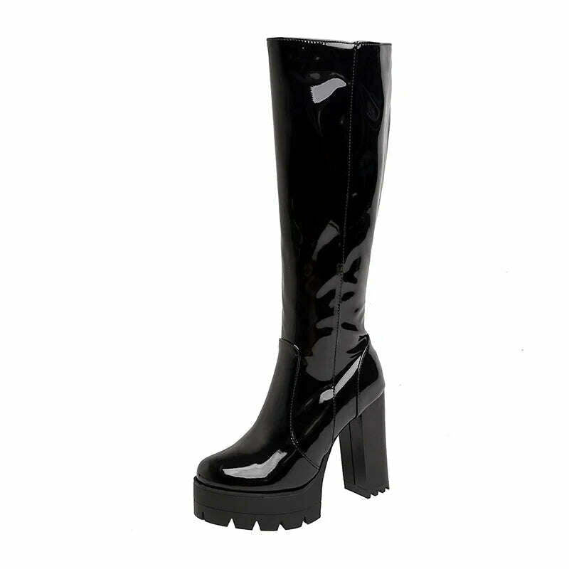 Gdgydh Patent Leather Platform Long Boots Gothic Black White Fashion Square Heel Knee High Boots Women With Zipper Good Quality - KIMLUD