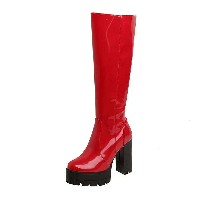 Gdgydh Patent Leather Platform Long Boots Gothic Black White Fashion Square Heel Knee High Boots Women With Zipper Good Quality - KIMLUD