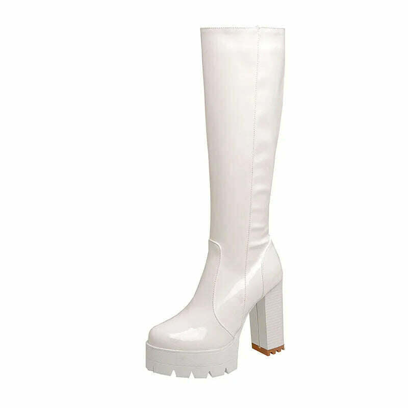 Gdgydh Patent Leather Platform Long Boots Gothic Black White Fashion Square Heel Knee High Boots Women With Zipper Good Quality - KIMLUD