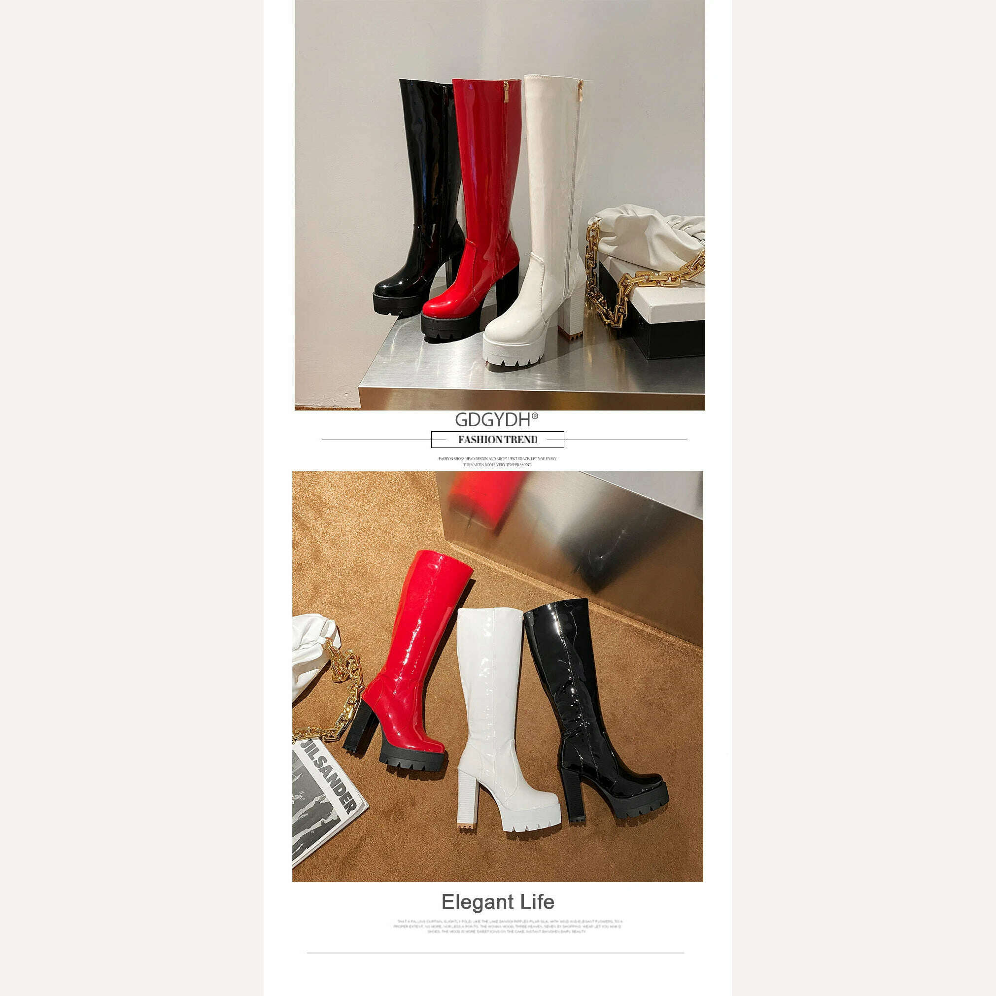 Gdgydh Patent Leather Platform Long Boots Gothic Black White Fashion Square Heel Knee High Boots Women With Zipper Good Quality - KIMLUD