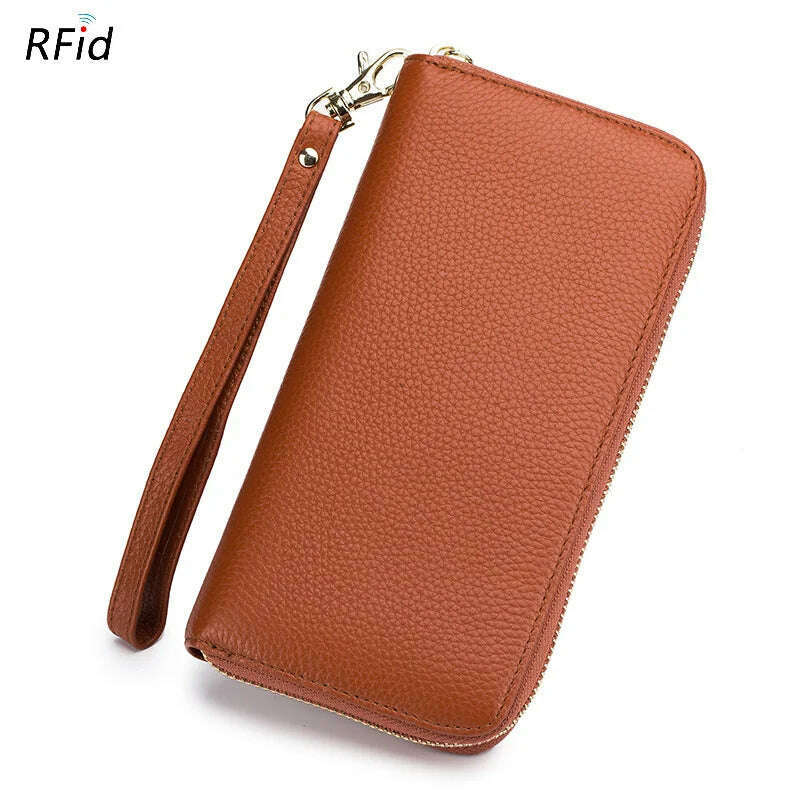 Genuine Leather Women Solid Long Wallets Ladies Tassel Design Clutch Female Phone Money Bag Coin Zipper Purse Rfid Card Holder - KIMLUD