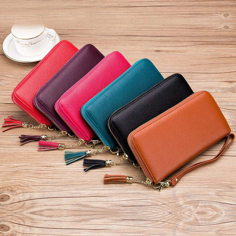 Genuine Leather Women Solid Long Wallets Ladies Tassel Design Clutch Female Phone Money Bag Coin Zipper Purse Rfid Card Holder - KIMLUD