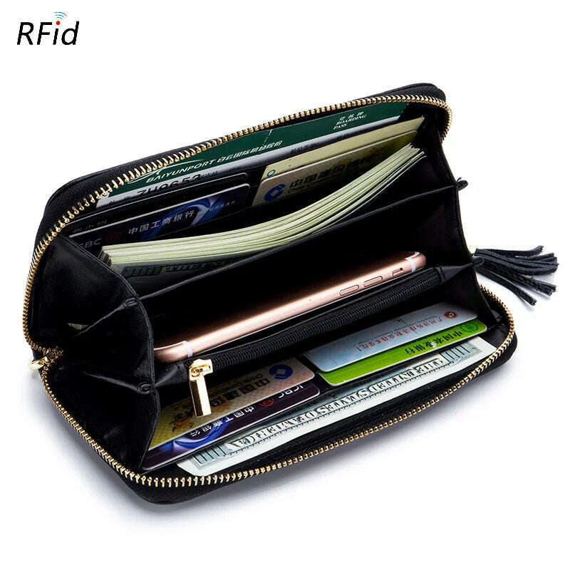 Genuine Leather Women Solid Long Wallets Ladies Tassel Design Clutch Female Phone Money Bag Coin Zipper Purse Rfid Card Holder - KIMLUD