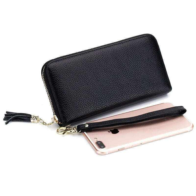 Genuine Leather Women Solid Long Wallets Ladies Tassel Design Clutch Female Phone Money Bag Coin Zipper Purse Rfid Card Holder - KIMLUD