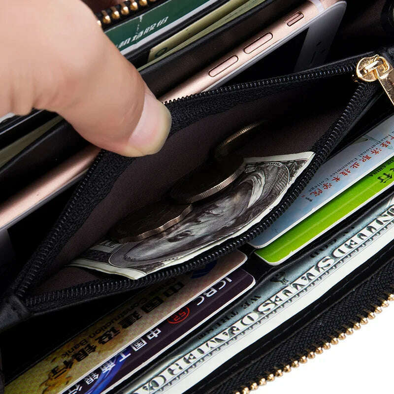 Genuine Leather Women Solid Long Wallets Ladies Tassel Design Clutch Female Phone Money Bag Coin Zipper Purse Rfid Card Holder - KIMLUD