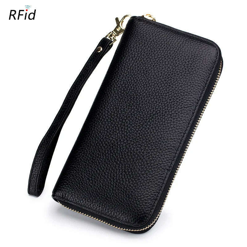 Genuine Leather Women Solid Long Wallets Ladies Tassel Design Clutch Female Phone Money Bag Coin Zipper Purse Rfid Card Holder - KIMLUD