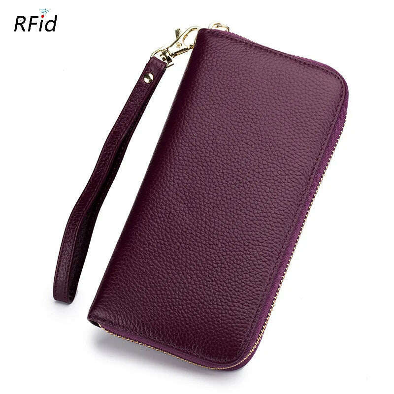 Genuine Leather Women Solid Long Wallets Ladies Tassel Design Clutch Female Phone Money Bag Coin Zipper Purse Rfid Card Holder - KIMLUD