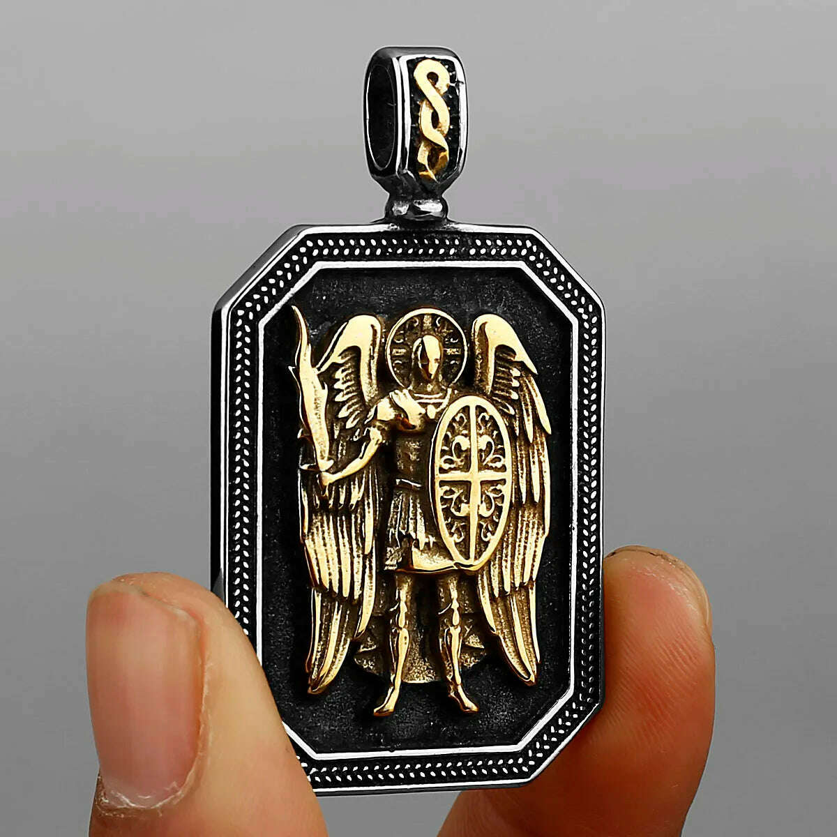 Gold Archangel Michael Cross Shield Prayer Tag Titanium Stainless Steel Pendant Men's Amulet Necklace Pendant Gift Wholesale - KIMLUD