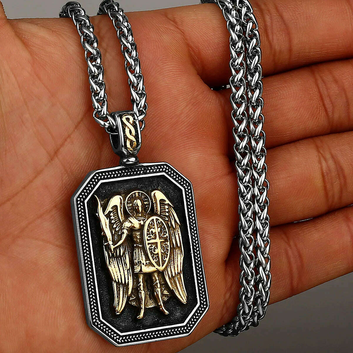 Gold Archangel Michael Cross Shield Prayer Tag Titanium Stainless Steel Pendant Men's Amulet Necklace Pendant Gift Wholesale - KIMLUD